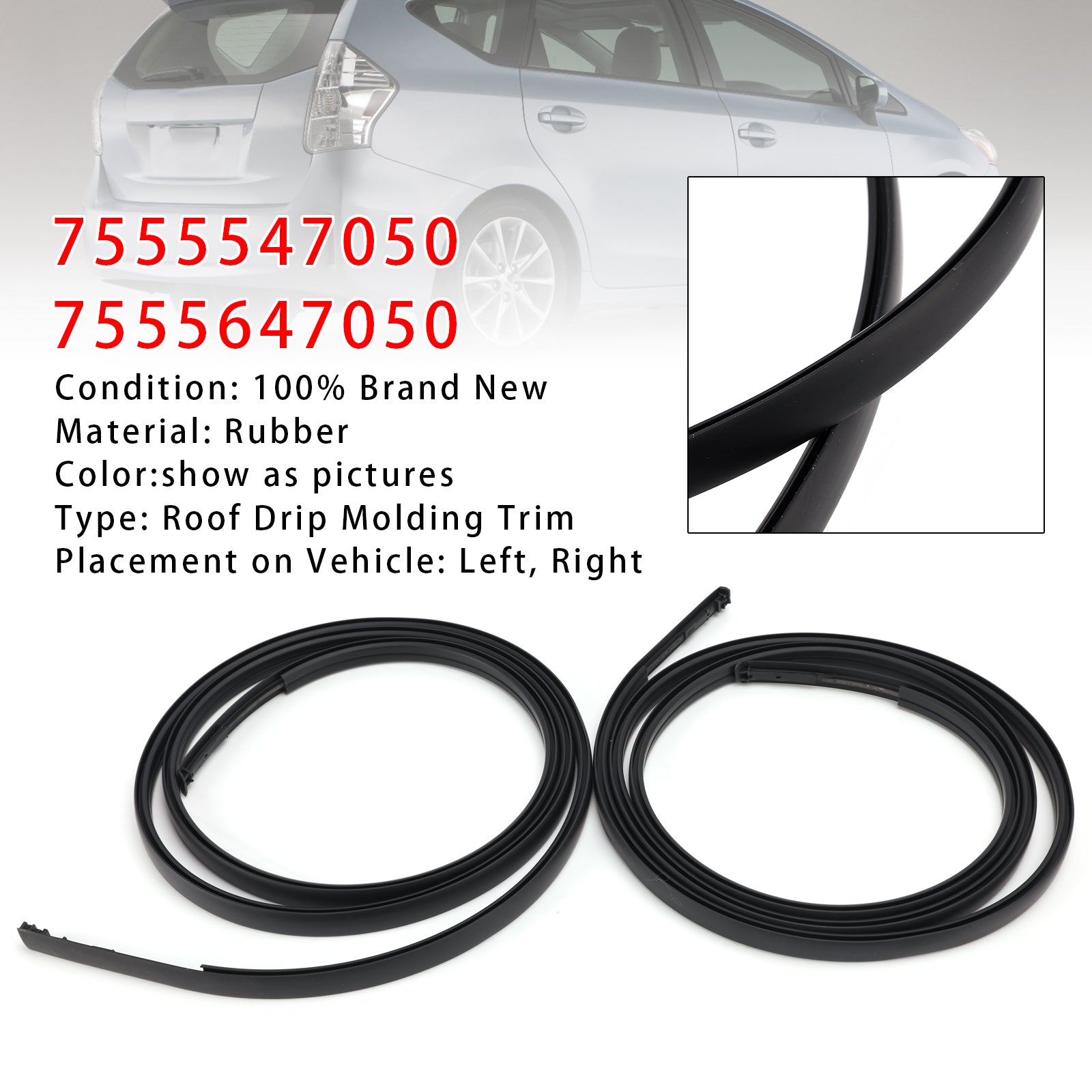 2PCS Left+Right Roof Drip Molding Trim For Toyota Prius V 2012-2018