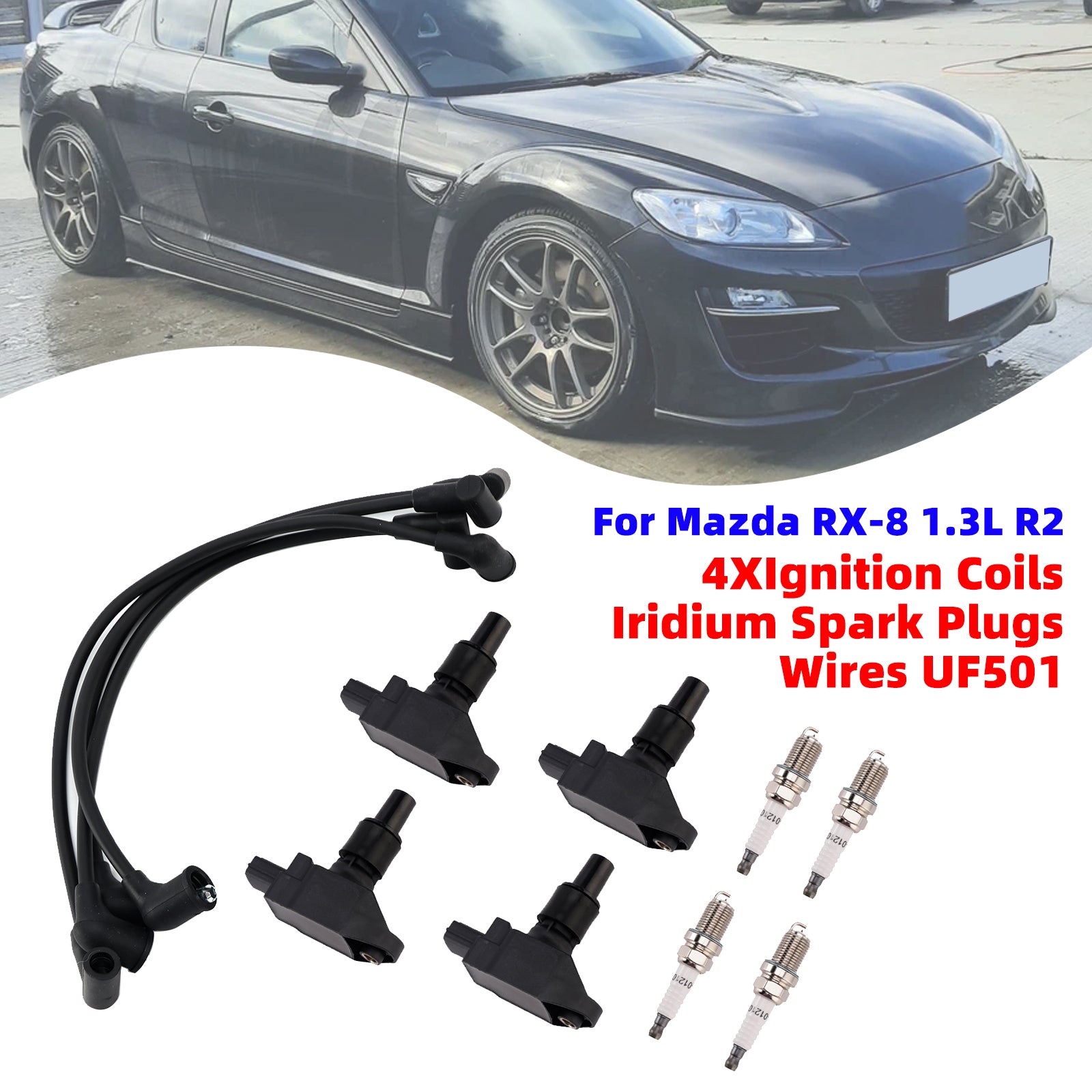 4*Ignition Coils & Iridium Spark Plugs & Wires UF501 For Mazda RX-8 1.3L R2