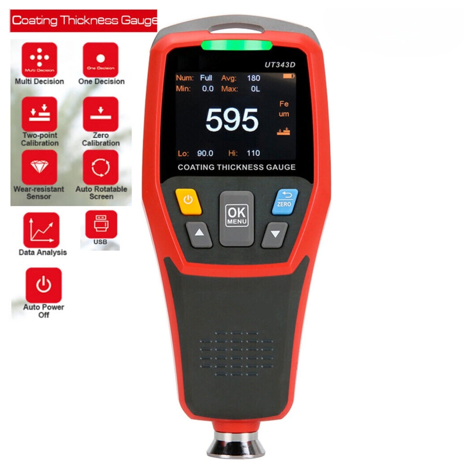 UT343D Digital Paint Coating Thickness Gauge Range 0 to 1250um F/N Probe