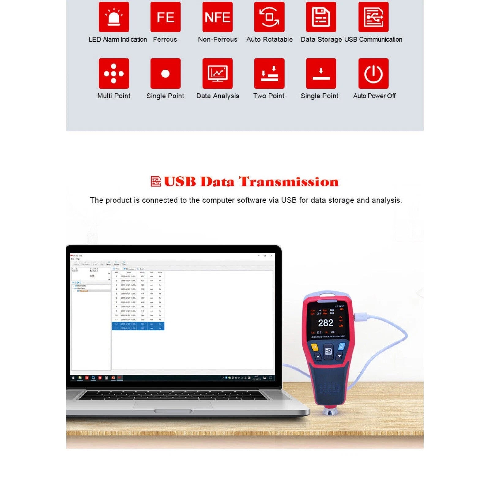 UT343D Digital Paint Coating Thickness Gauge Range 0 to 1250um F/N Probe