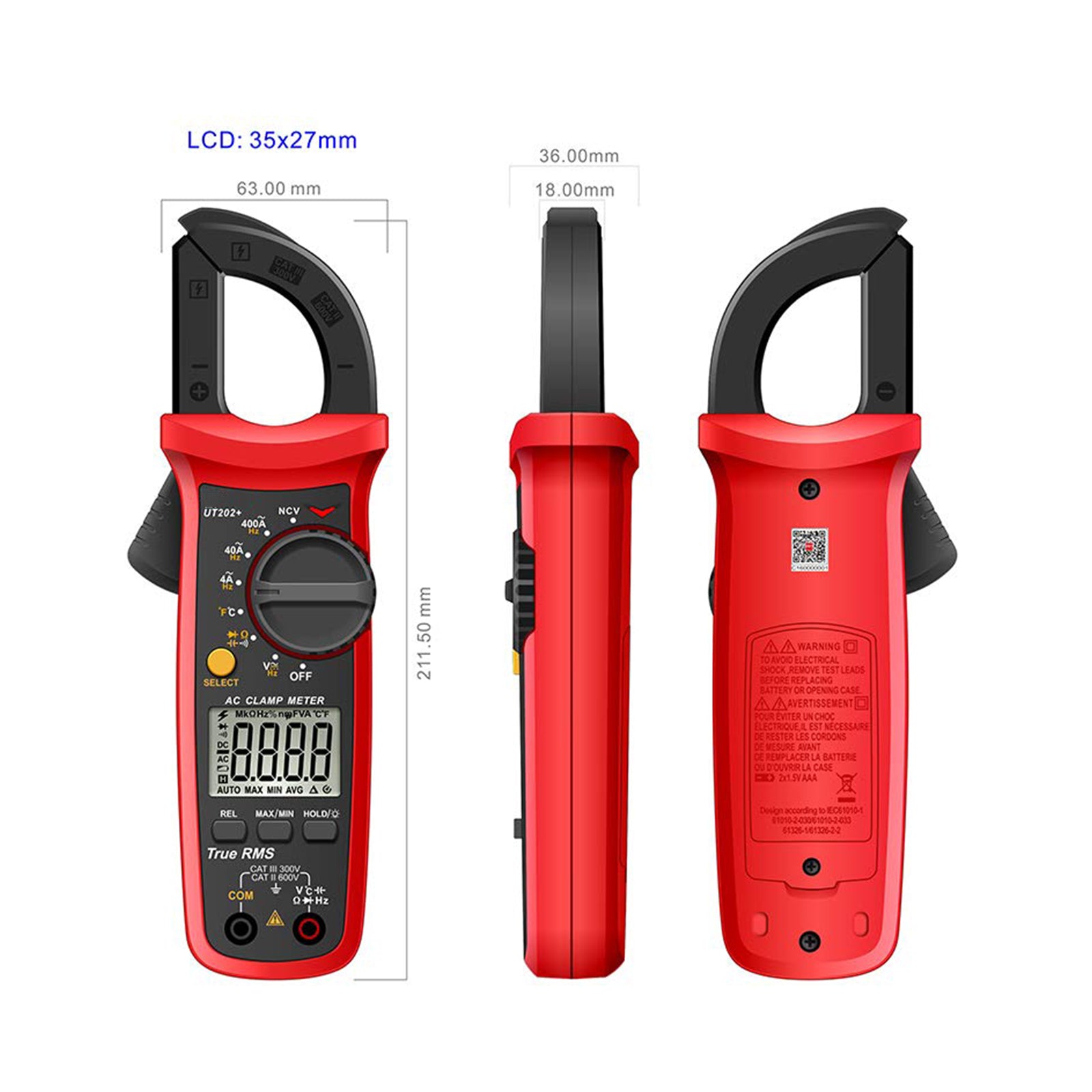 UT202+ Handheld True RMS Digital Clamp Meter Multimeter AC DC Volt NCV
