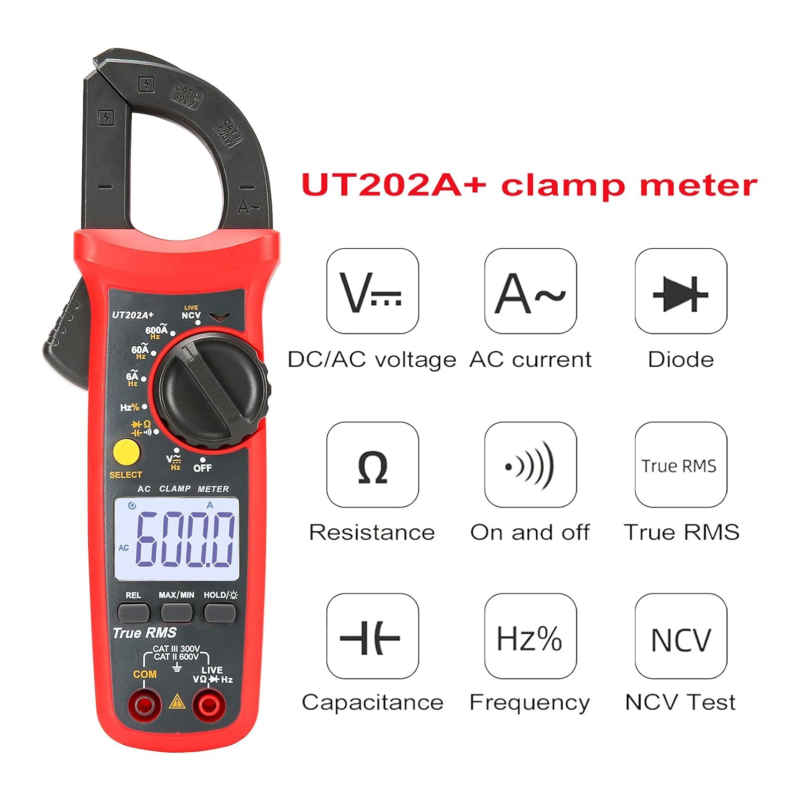 UT202A+ Digital Clamp Meter Multimeter Voltage 600A AC Current Resistance