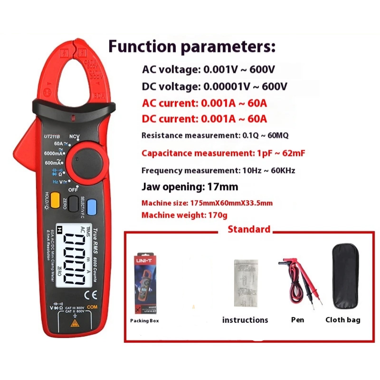 UT211B 60A Mini TRMS Multimeter Digital Clamp Meter AC DC VFC NCV Tester