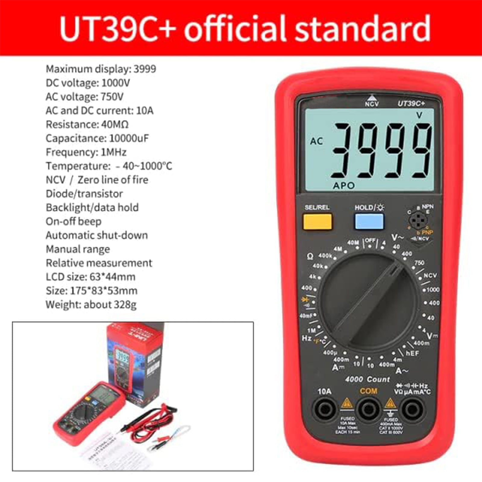 UT39C+ Digital Multimeter AC DC Voltmeter Ohm Cap Diode Tester