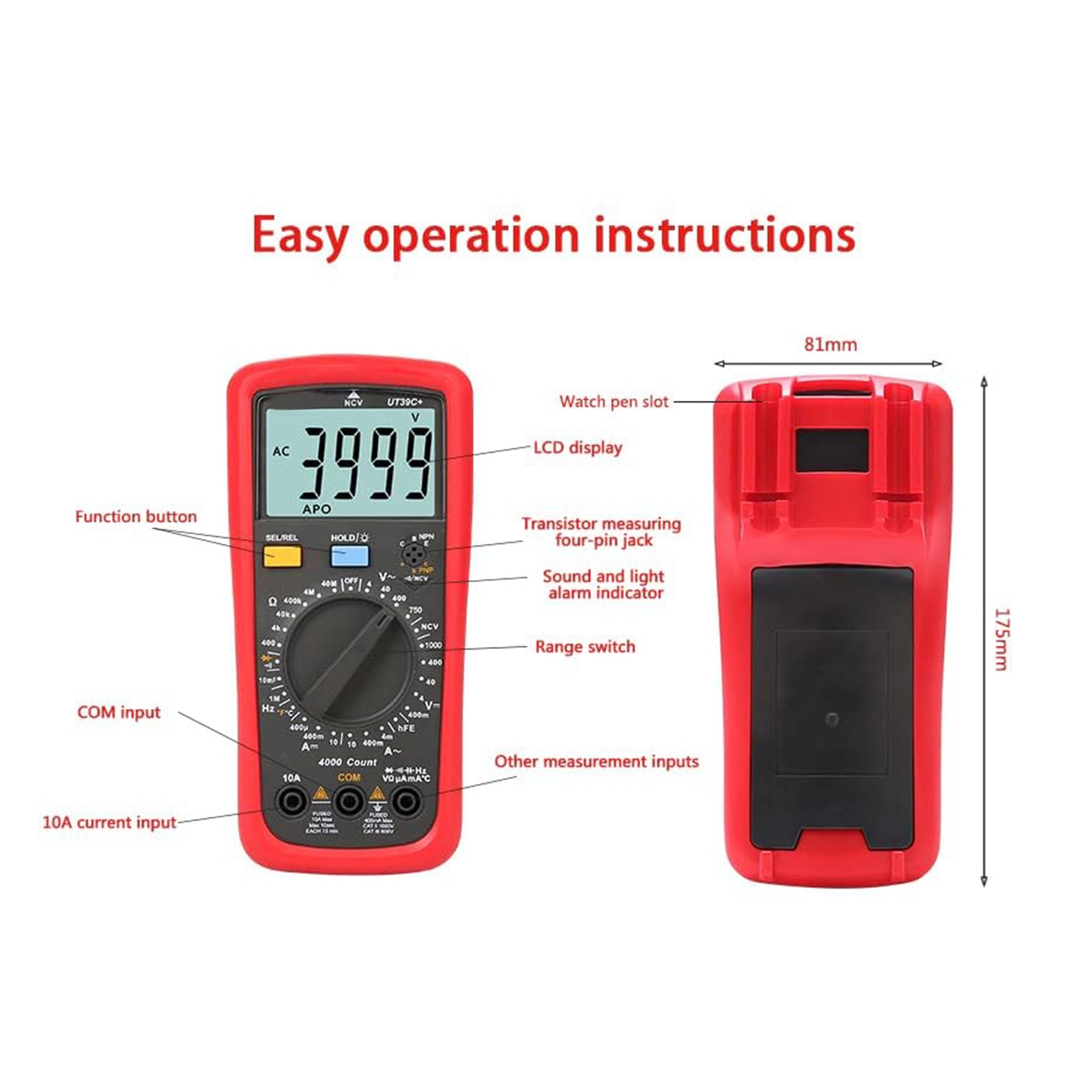 UT39C+ Digital Multimeter AC DC Voltmeter Ohm Cap Diode Tester