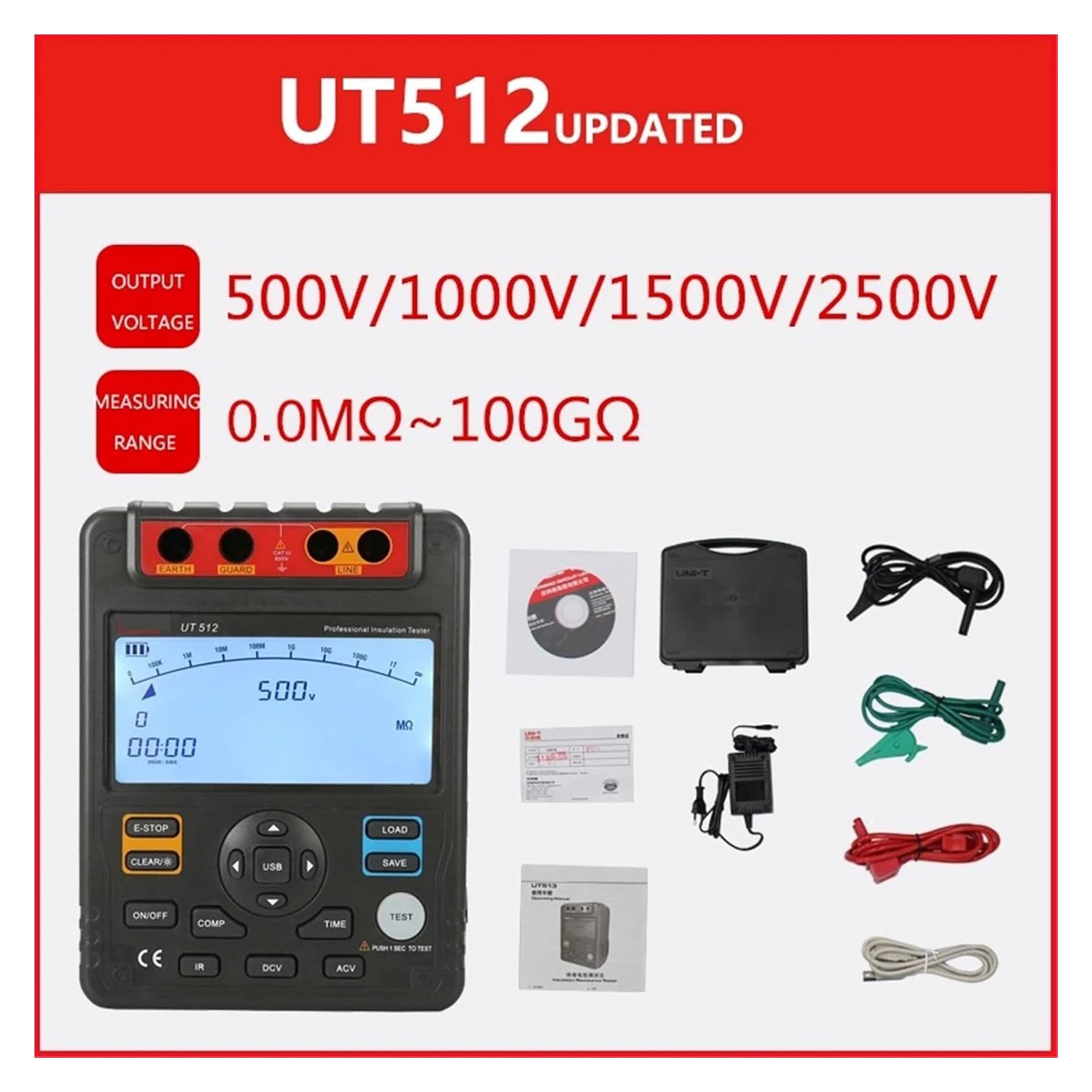 UT512 Insulation Resistance Testers Voltmeter Auto Range 2500V 100GĪ©
