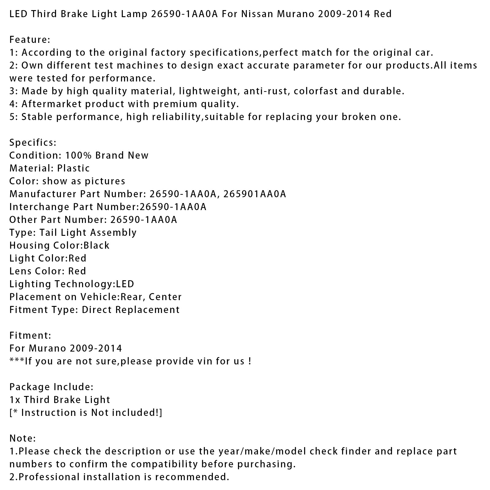 Led Third Brake Light Lamp 26590-1AA0A For Nissan Murano 2009-2014 Red