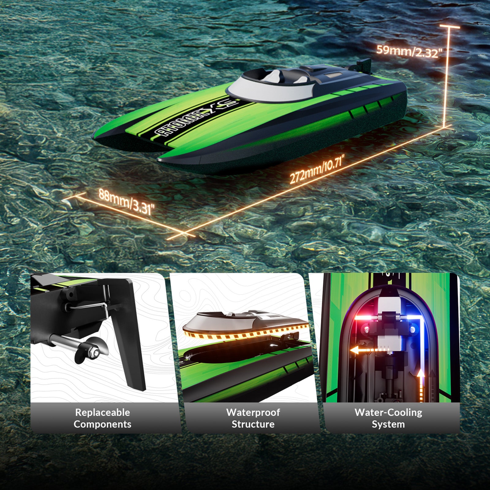 2.4Ghz Mini Remote Control Boat For Water Pool Lake Water Toy 2 Batteries Green