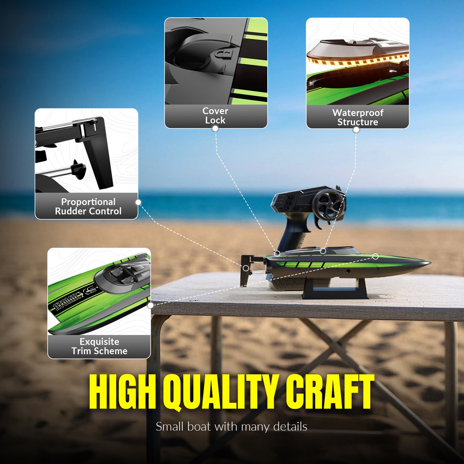 2.4Ghz Mini Remote Control Boat For Water Pool Lake Water Toy 2 Batteries Green