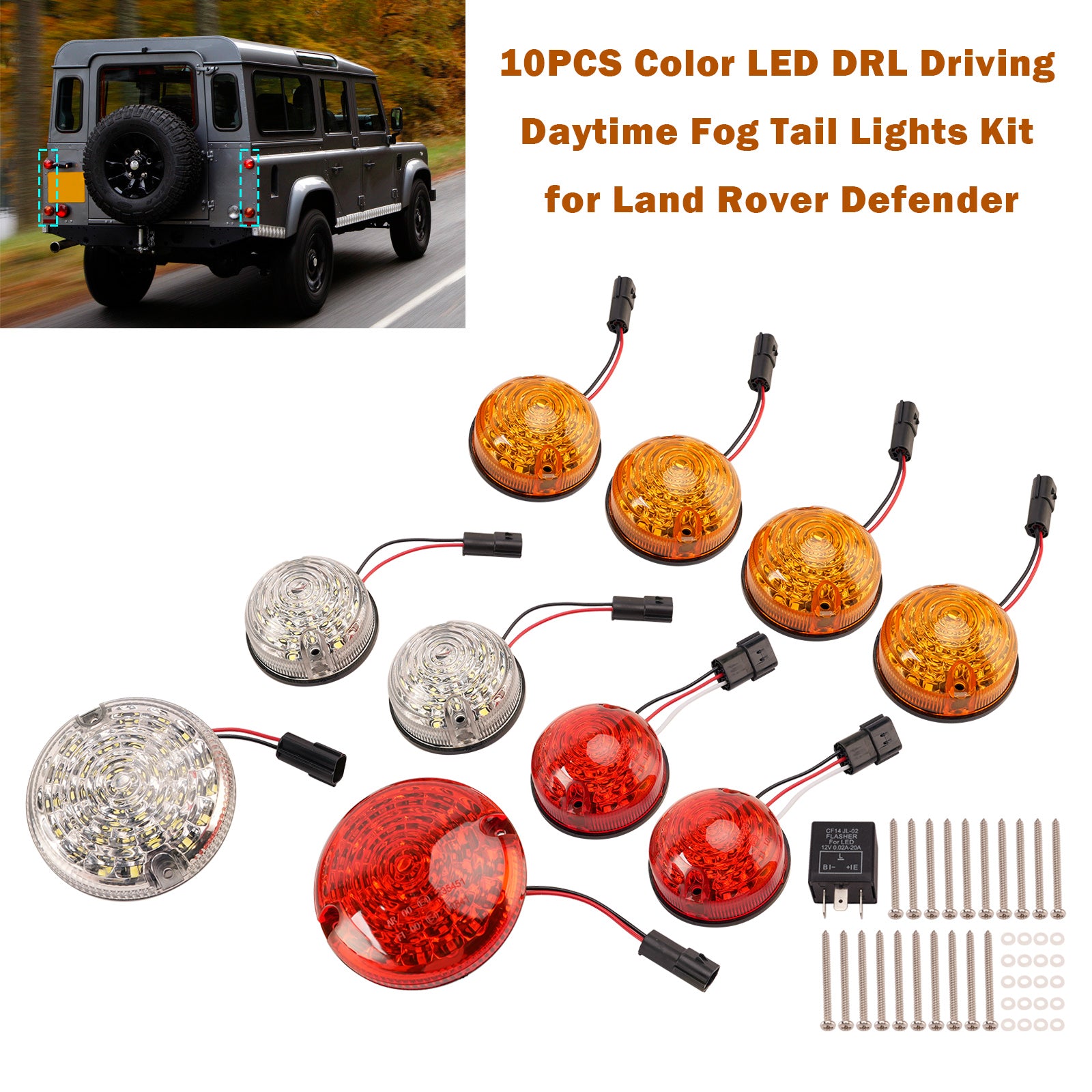 10PCS Color LED DRL Driving Daytime Fog Tail Lights Kit for Land Rover Defender