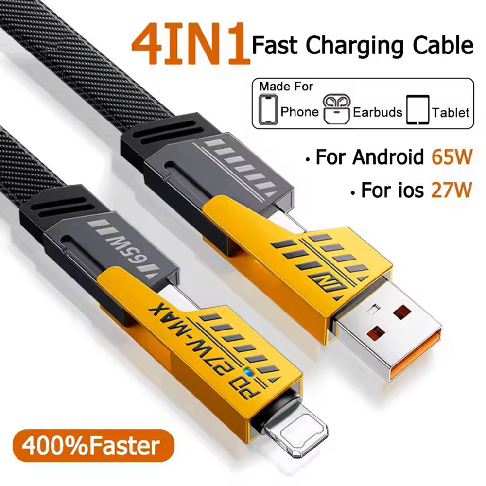 1M Data Cable 4-in-1 PD65W Multi-Function Type-C Charging Cable Fast Charger Cable for iPhone/Samsung/Android Phones