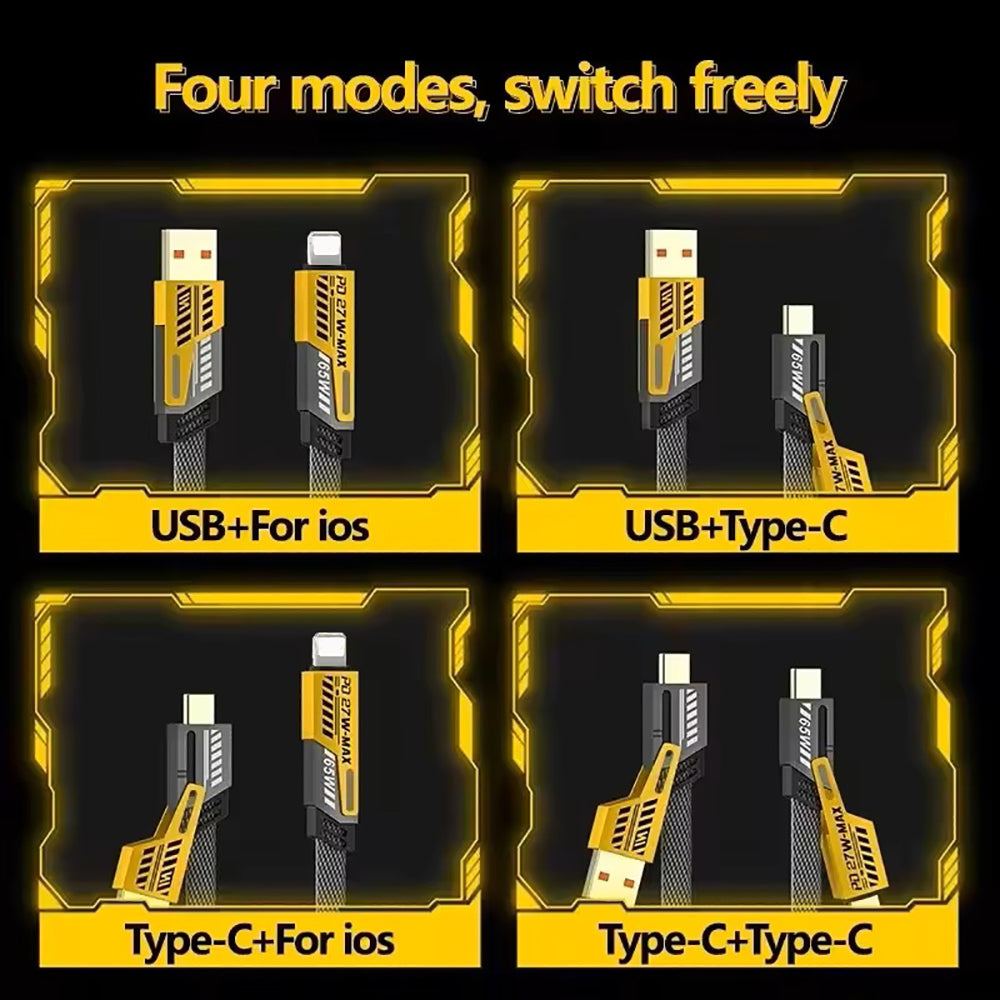 1M Data Cable 4-in-1 PD65W Multi-Function Type-C Charging Cable Fast Charger Cable for iPhone/Samsung/Android Phones