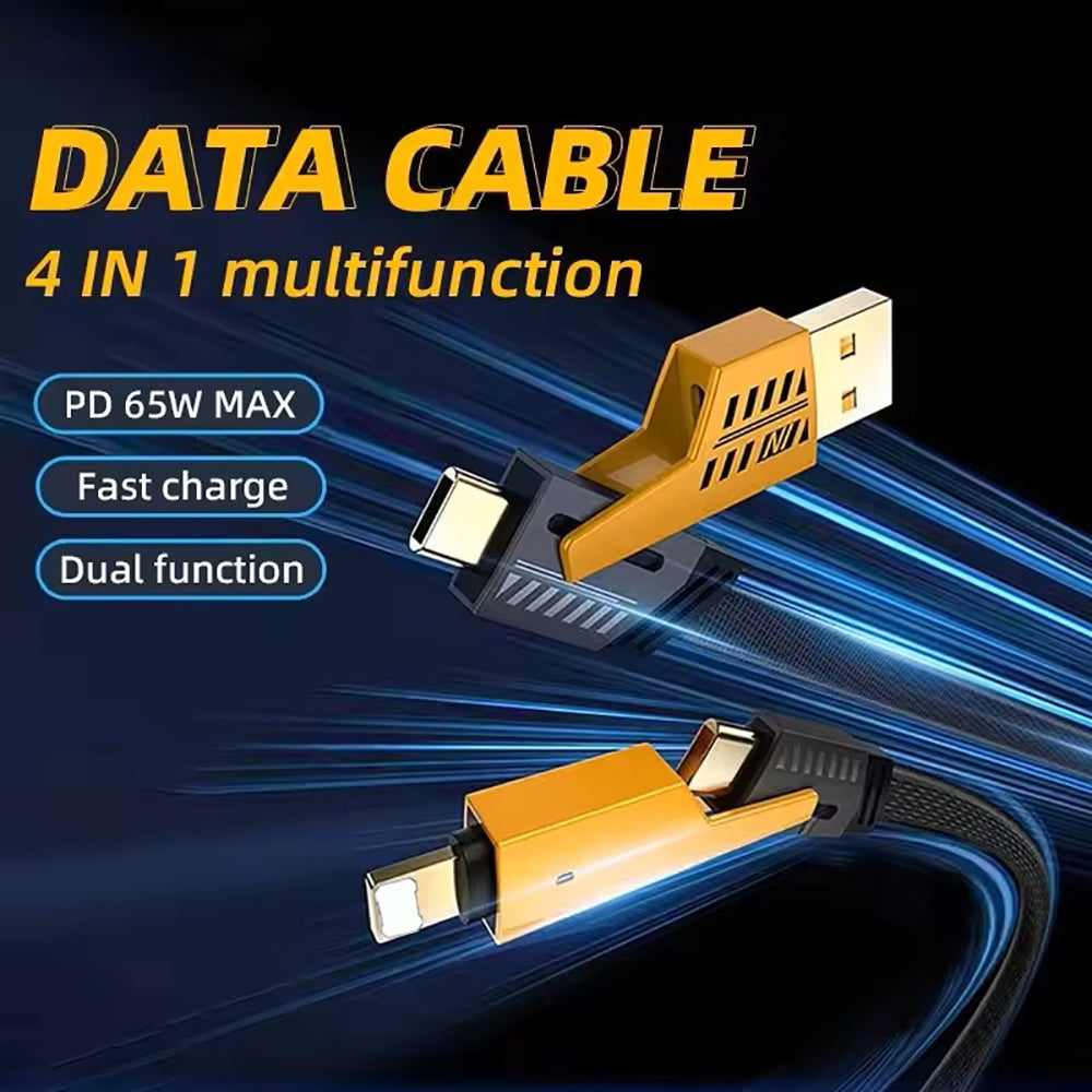 1M Data Cable 4-in-1 PD65W Multi-Function Type-C Charging Cable Fast Charger Cable for iPhone/Samsung/Android Phones