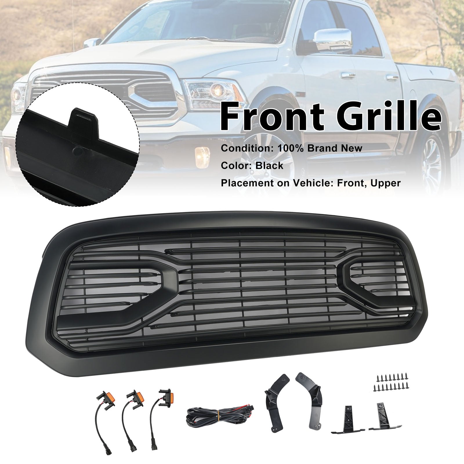 Black Big Horn Style Front Bumper Grill Grille Fit Dodge Ram 1500 2013-2018