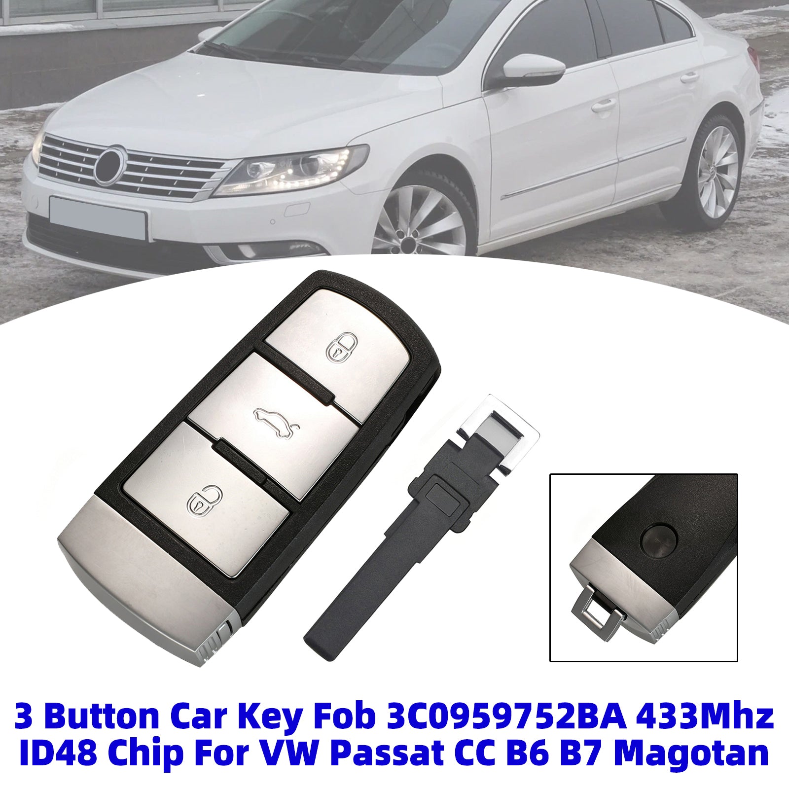 3 Button Car Key Fob 3C0959752BA 433Mhz ID48 Chip For VW Passat CC B6 B7 Magotan