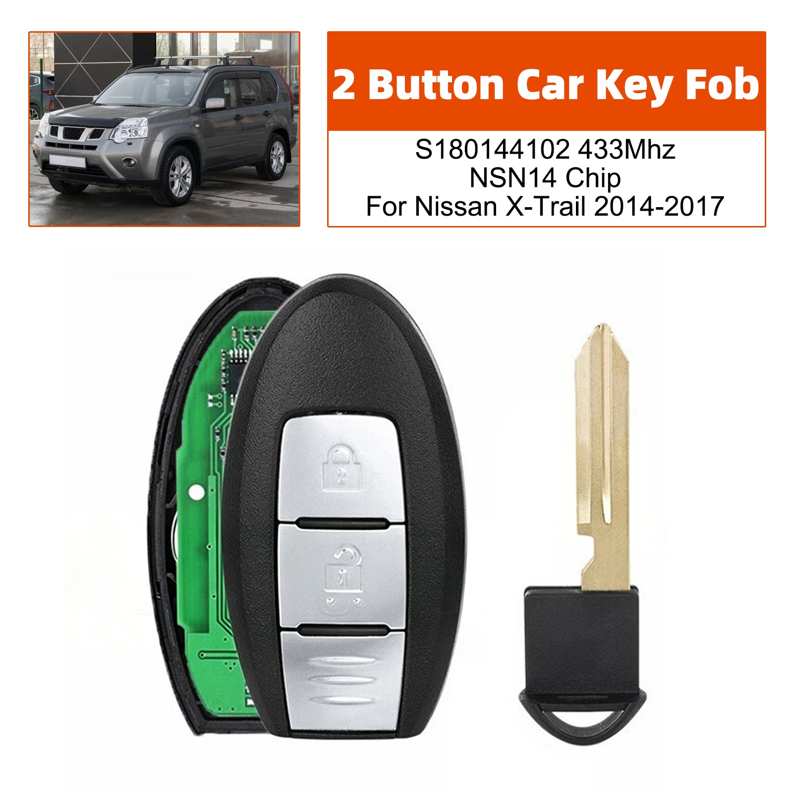 2 Button Car Key Fob S180144102 433Mhz NSN14 Chip For Nissan X-Trail 2014-2017