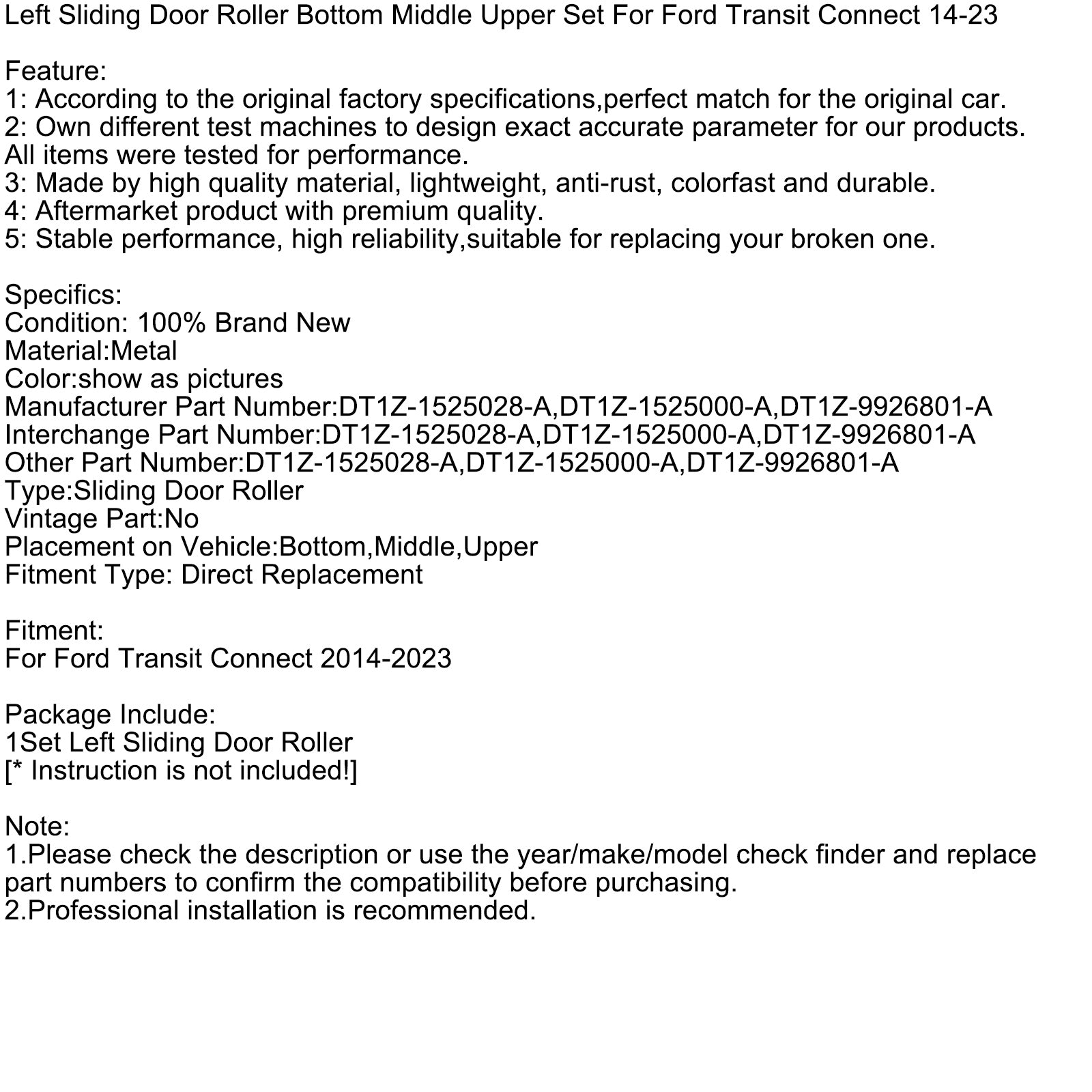 Left Sliding Door Roller Bottom Middle Upper Set For Ford Transit Connect