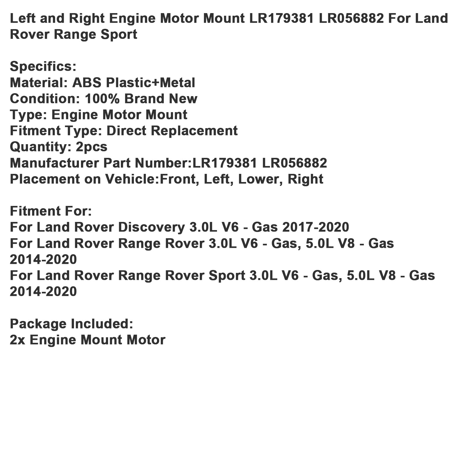 Left and Right Engine Motor Mount LR179381 LR056882 For Land Rover Range Sport