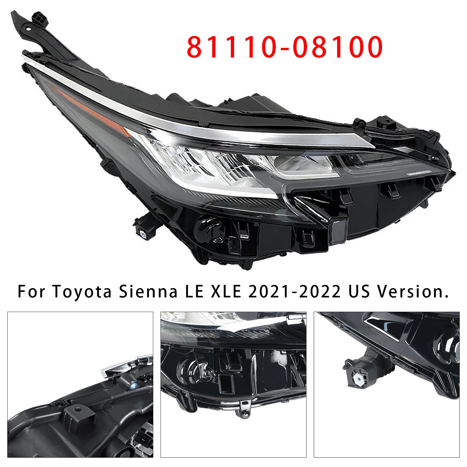 Right LED Headlight Assembly LED 81110-08100 For Toyota Sienna LE XLE 2021-2022