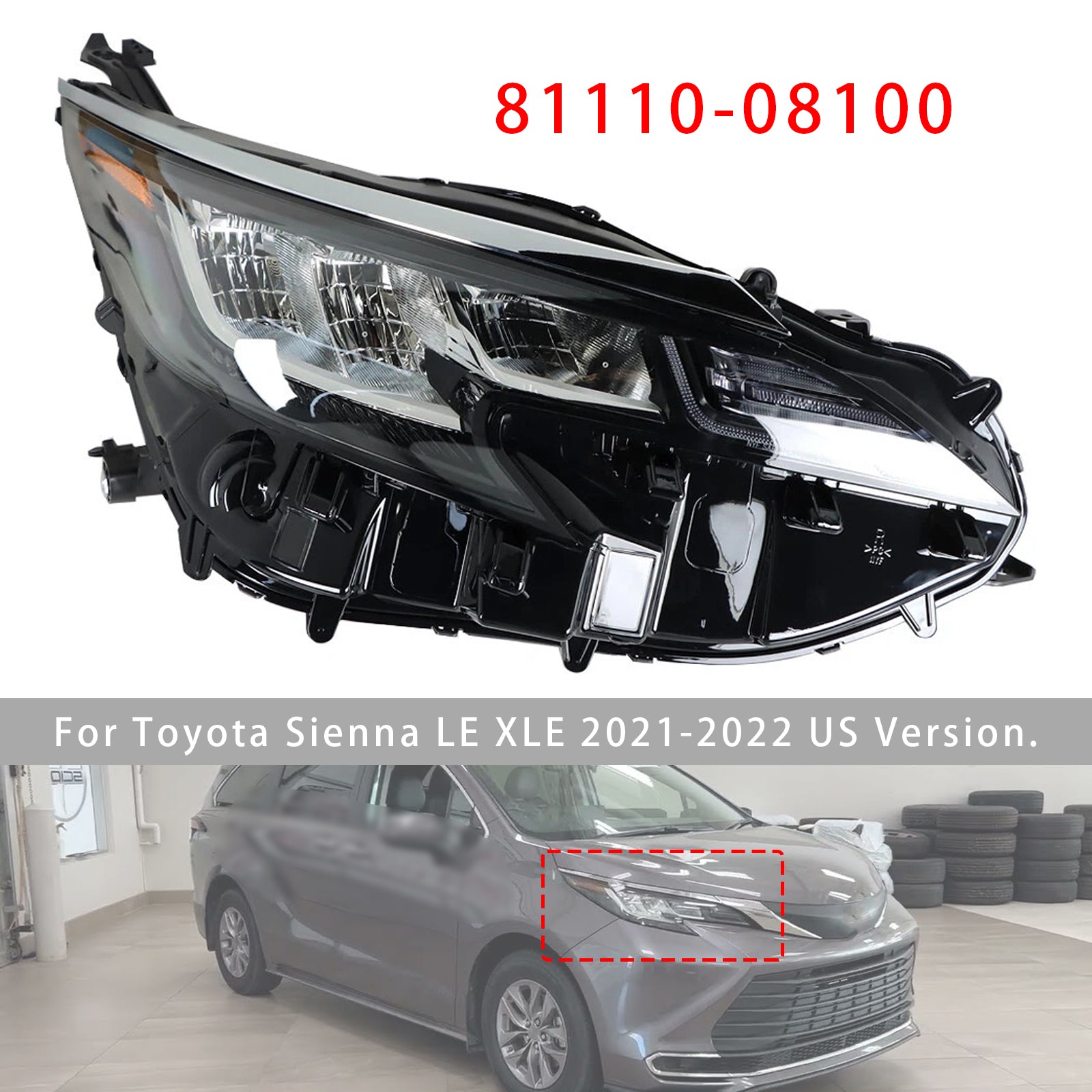Right LED Headlight Assembly LED 81110-08100 For Toyota Sienna LE XLE 2021-2022