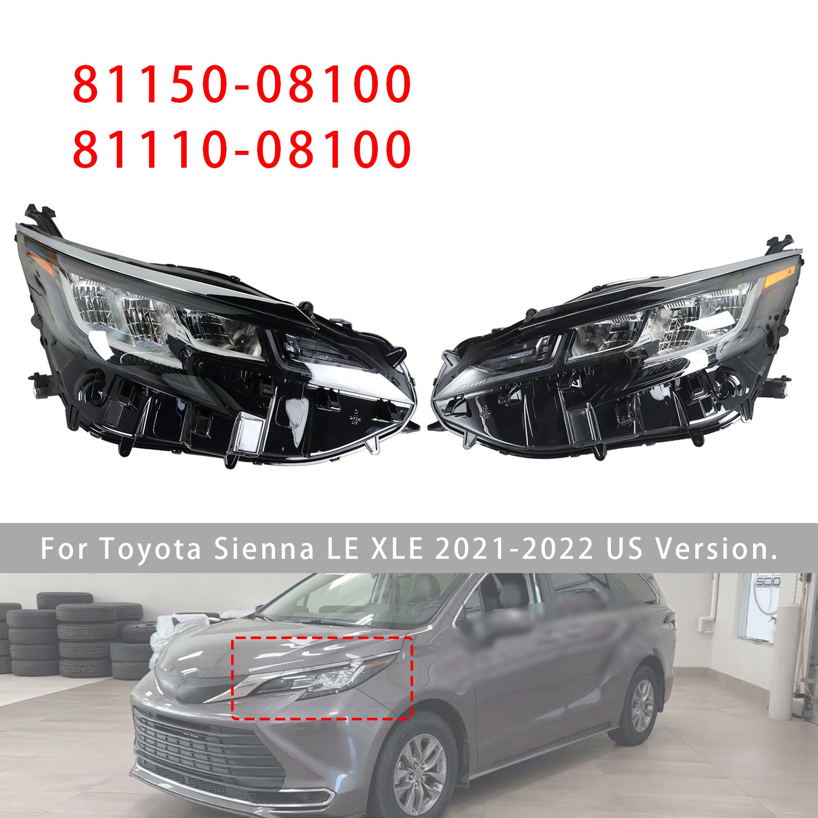 Left+Right LED Headlight Assembly LED For Toyota Sienna LE XLE 2021-2022
