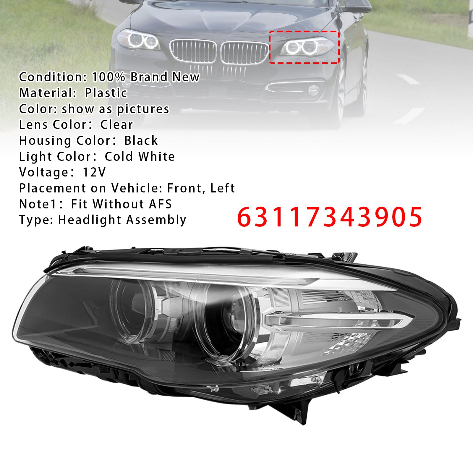 Front Left HID Xenon Headlight W/o AFS For BMW 5Series 528i 535i 2014-2017