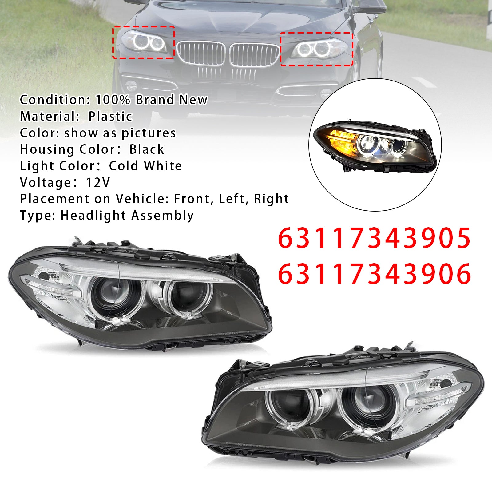 Front Left+Right HID Xenon Headlight W/o AFS For BMW 5Series 528i 535i 2014-2017