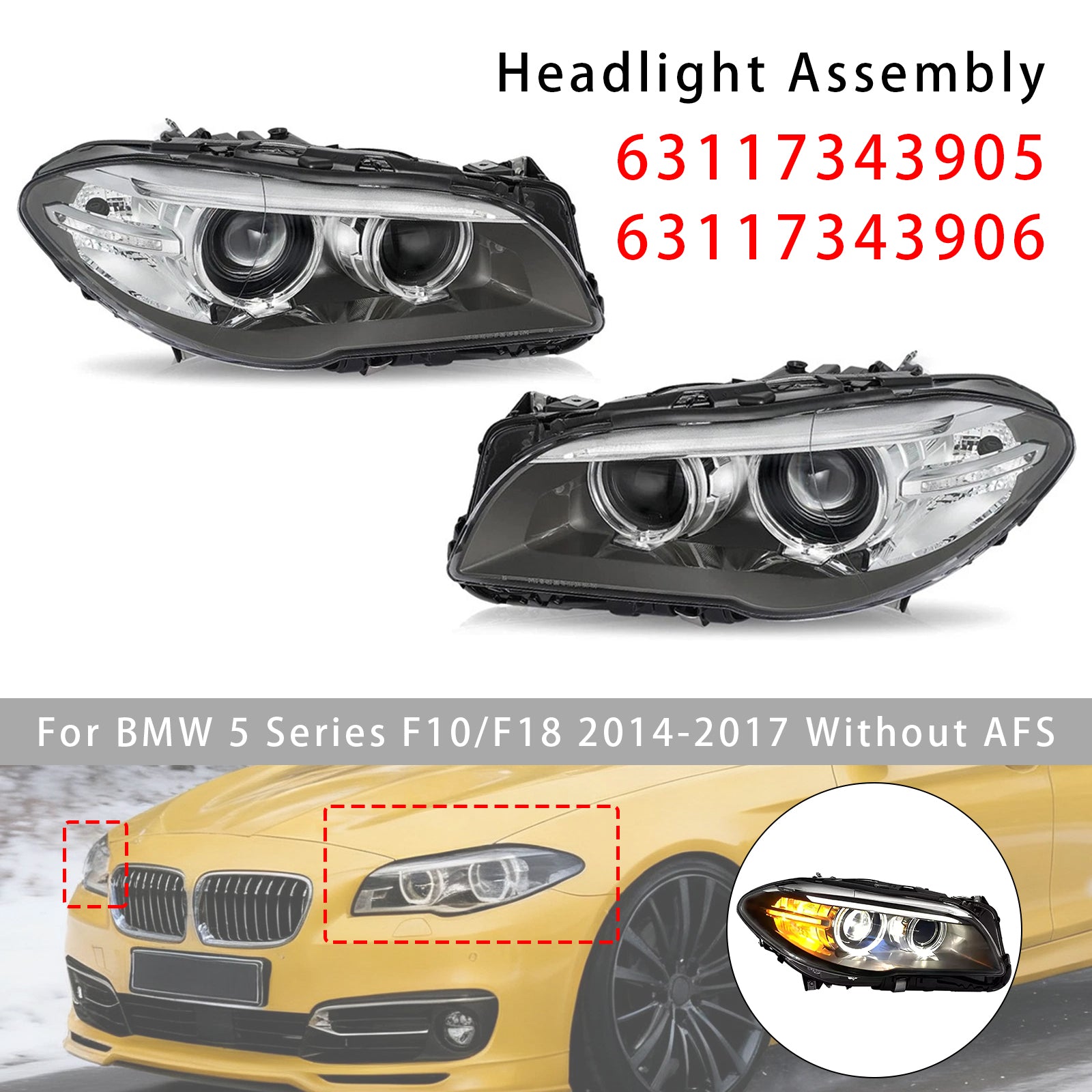 Front Left+Right HID Xenon Headlight W/o AFS For BMW 5Series 528i 535i 2014-2017