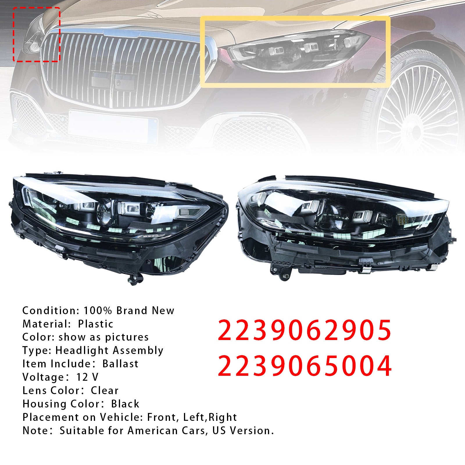 Left+Right LED Headlight Assembly For Mercedes-Benz S-Class S580 2021-2023
