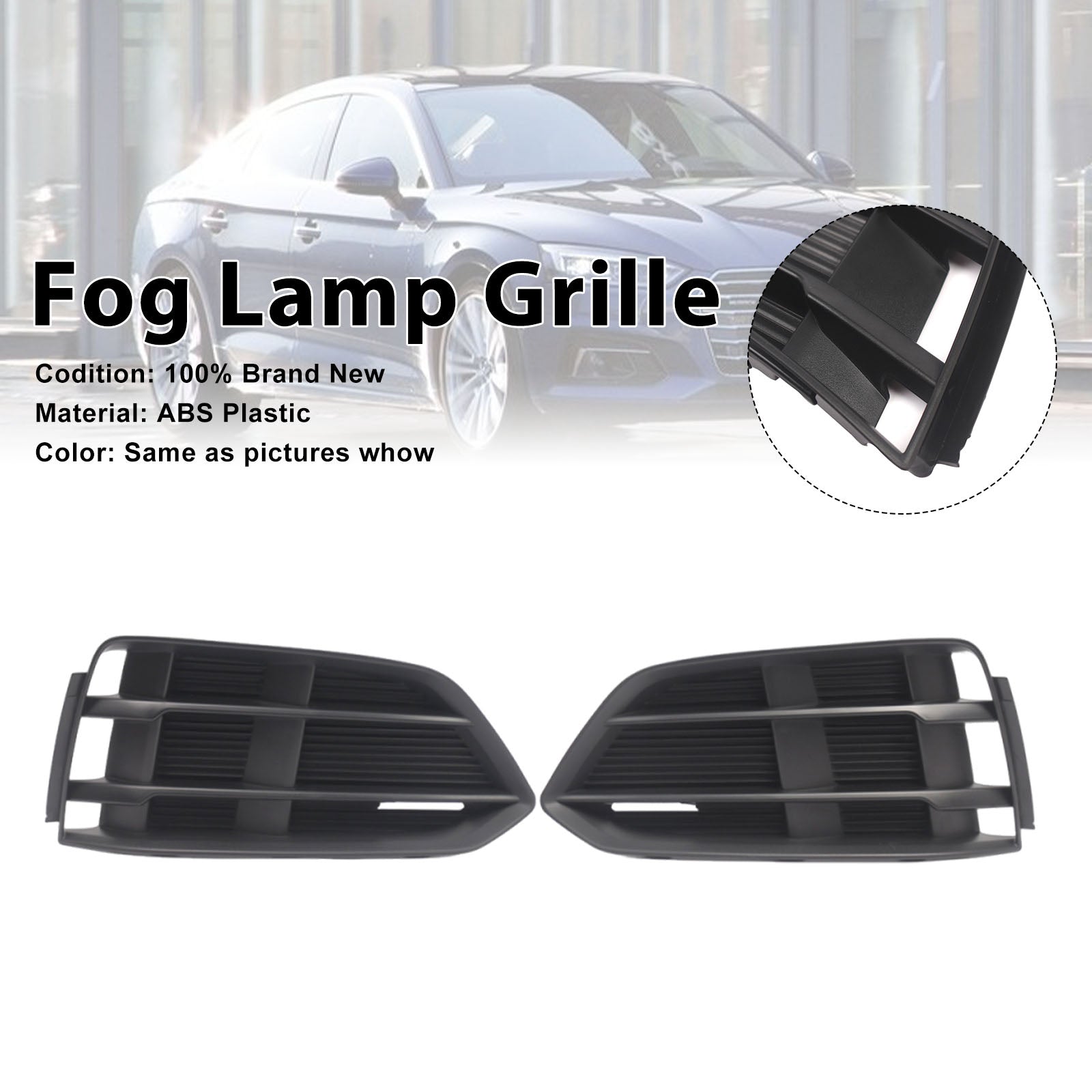 Black Front Bumper Fog Light Grille Grill Cover Bezel Fit Audi A5 2017-2019