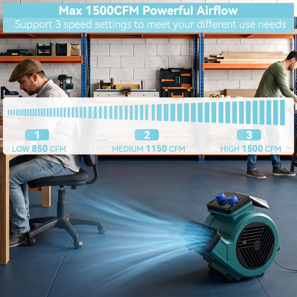 1/2 HP 1500CFM Compact Air Mover Floor Dryer with Timer