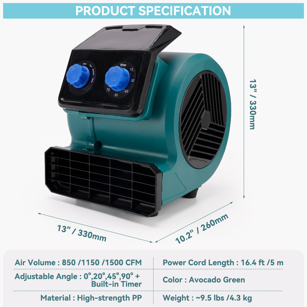 1/2 HP 1500CFM Compact Air Mover Floor Dryer with Timer
