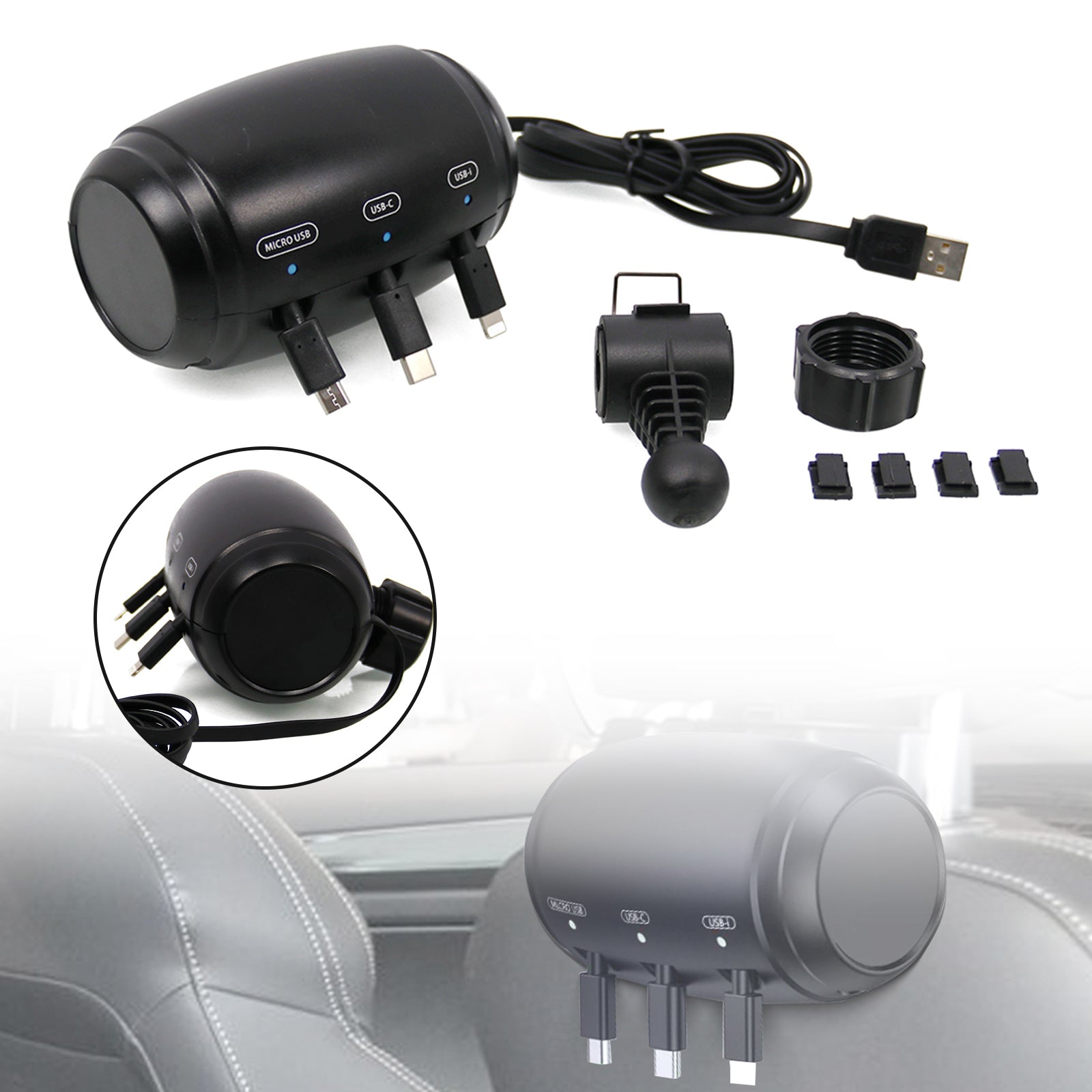 3-in-1 Retractable Car Backseat Charging Station Box for iPhone/Samsung/Android