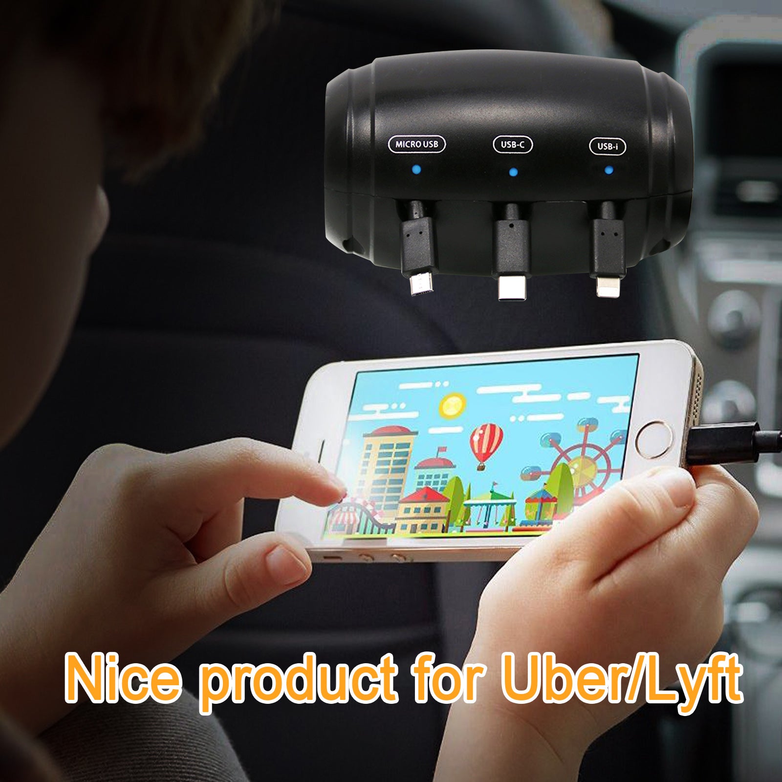 3-in-1 Retractable Car Backseat Charging Station Box for iPhone/Samsung/Android