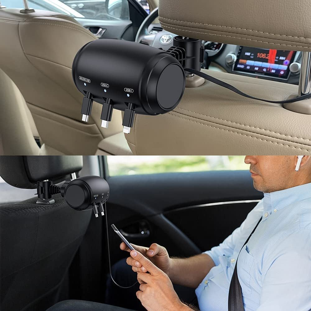 3-in-1 Retractable Car Backseat Charging Station Box for iPhone/Samsung/Android