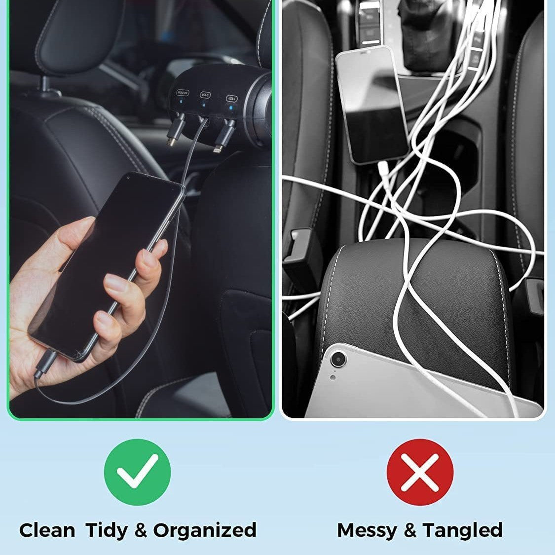 3-in-1 Retractable Car Backseat Charging Station Box for iPhone/Samsung/Android