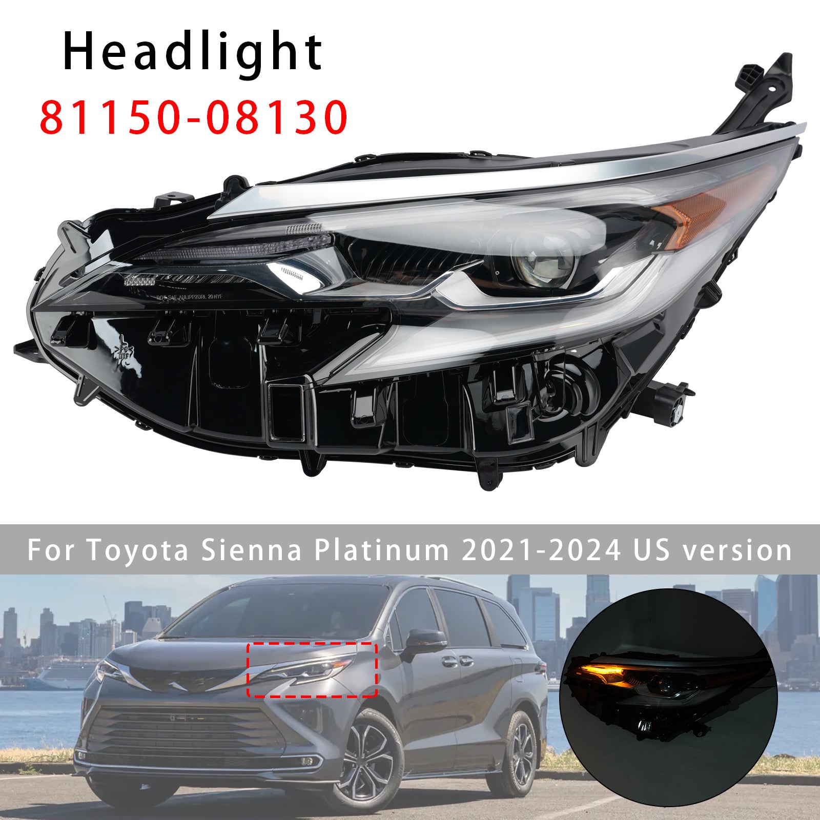 Led Left Headlight 81150-08130 For Toyota Sienna 2021-2024