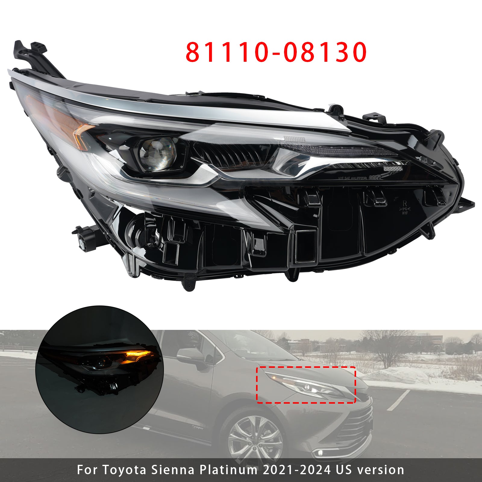 Led Right Headlight 81110-08130 For Toyota Sienna 2021-2024