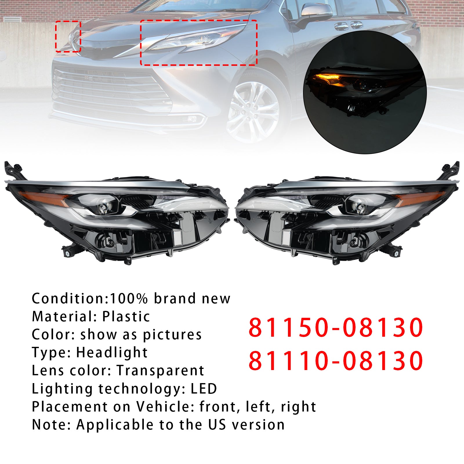 Led Left+Right Headlight 81150-08130 81110-08130 For Toyota Sienna 2021-2024