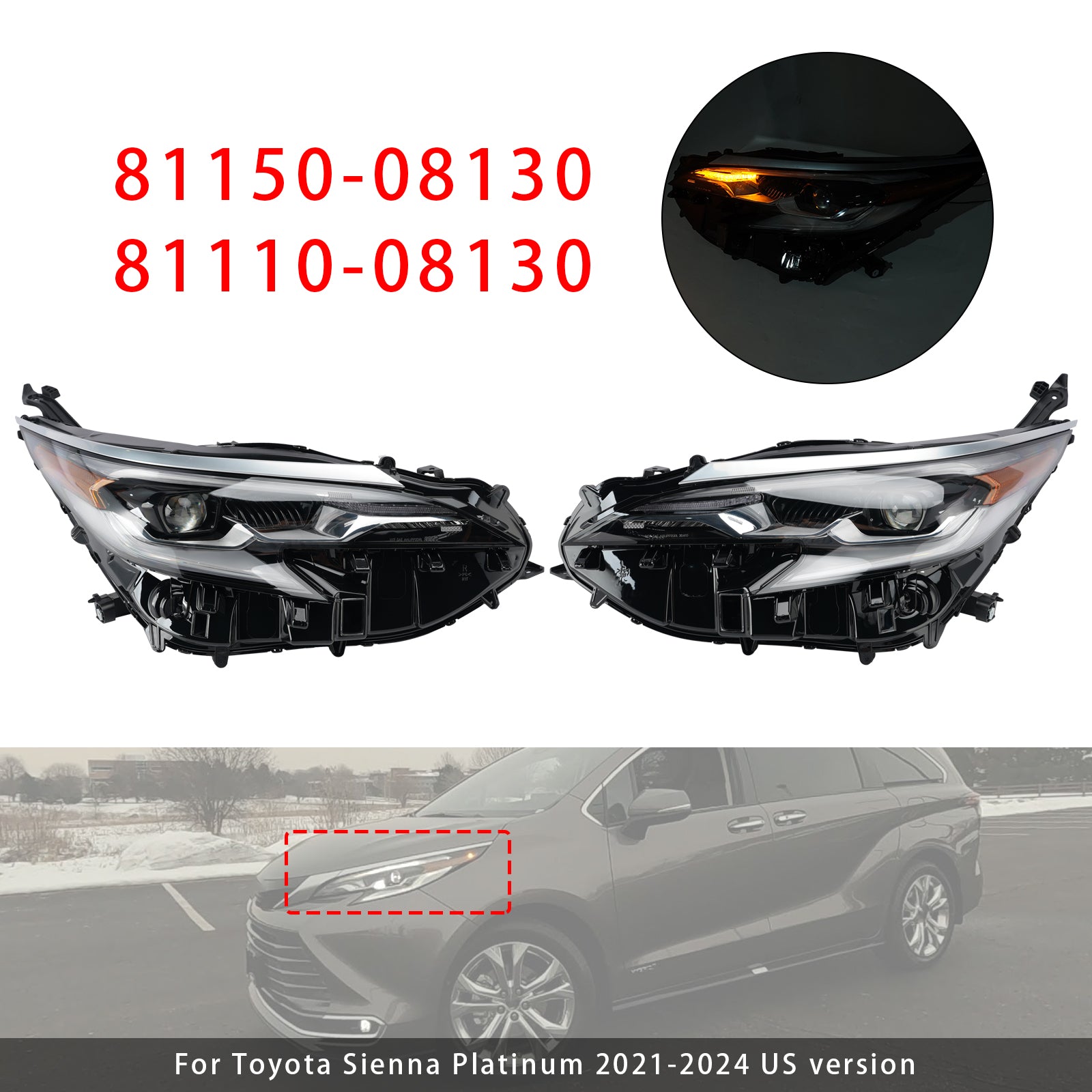Led Left+Right Headlight 81150-08130 81110-08130 For Toyota Sienna 2021-2024