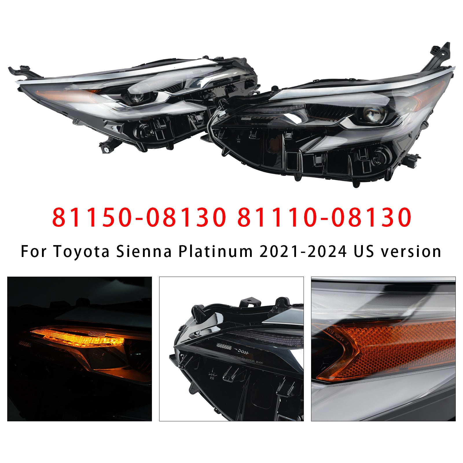 Led Left+Right Headlight 81150-08130 81110-08130 For Toyota Sienna 2021-2024