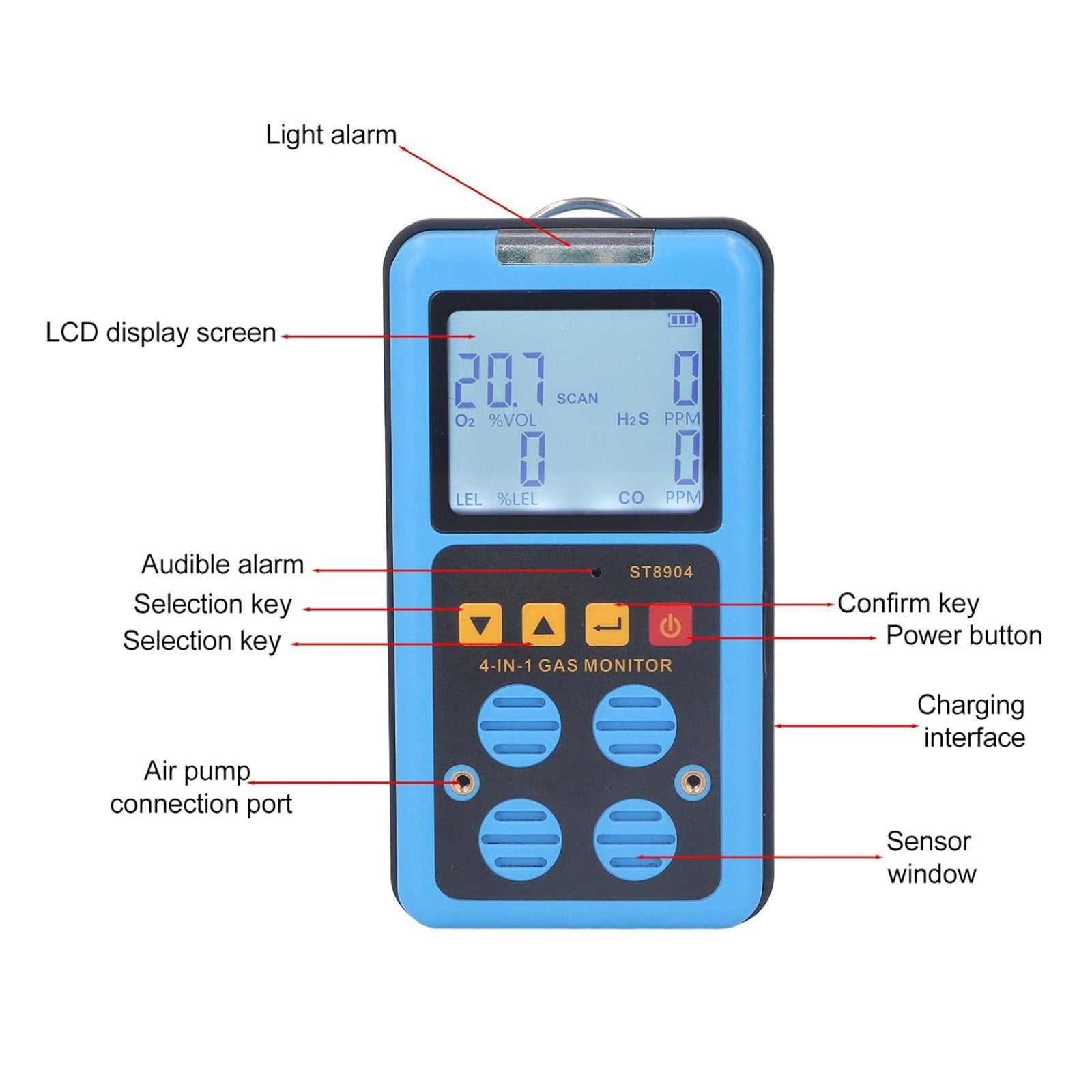 ST8904 4IN1 Gas Detector Professional Multifunctional O2 CO H20 LEL Alarm
