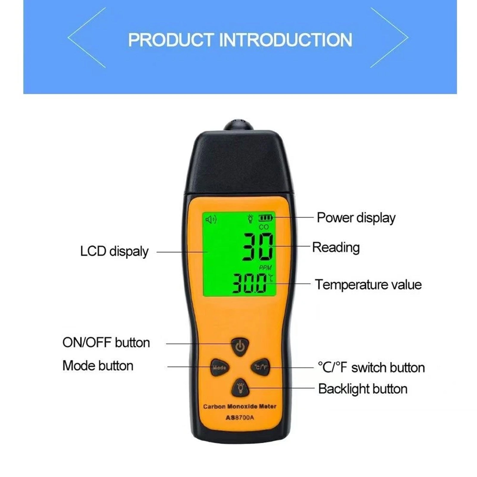 AS8700A Handheld Carbon Monoxide Meter Analyze Leak Detector Tester 0-1000PPM