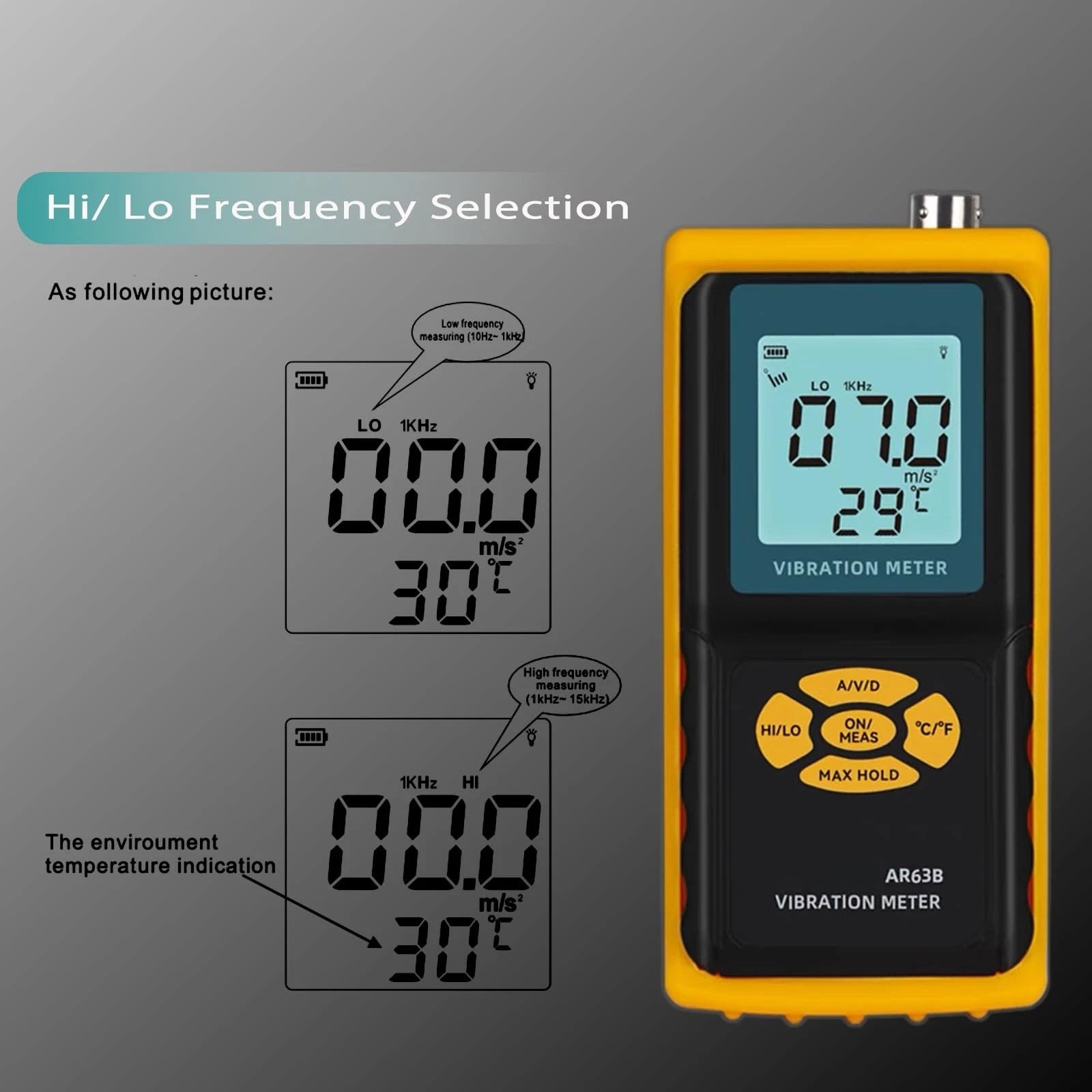 Digital AR63B Vibration Meter Vibrometer 3-in-1 Measuring Modes For Accelerat