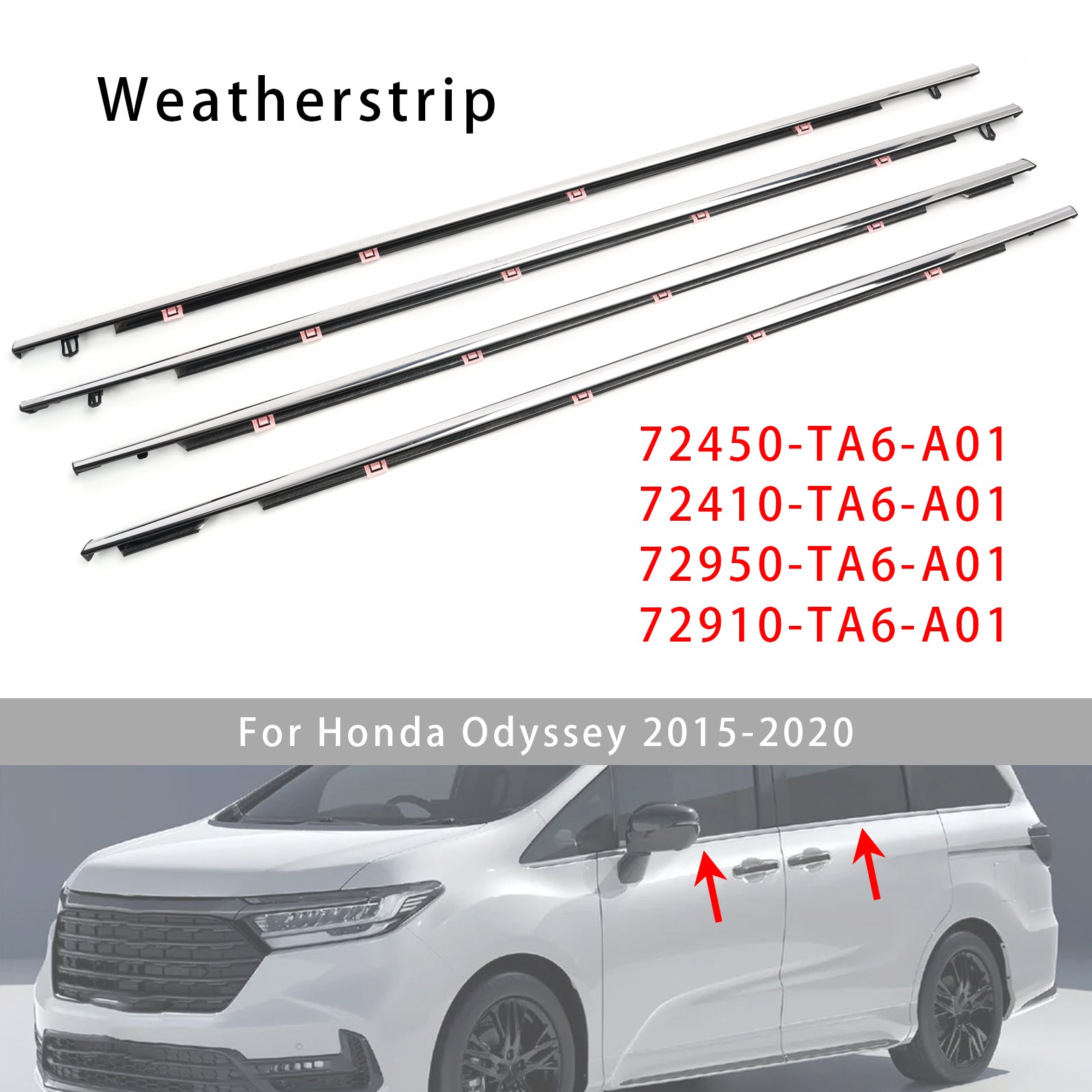 4PCS Car Window Weatherstrip Chrome 72450-TA6-A01 For Honda Odyssey 2015-2020