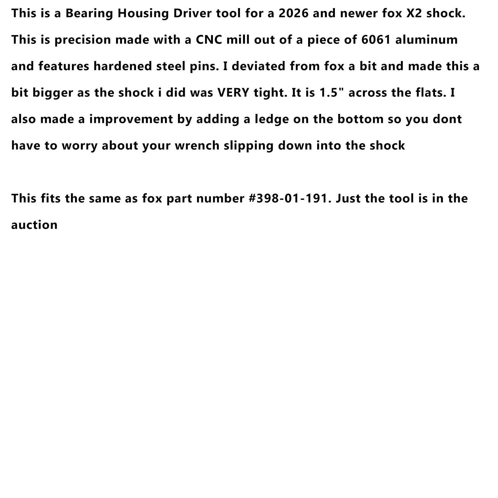 Bearing Housing Driver #398-01-191 for Fox X2 shock rebuild/service