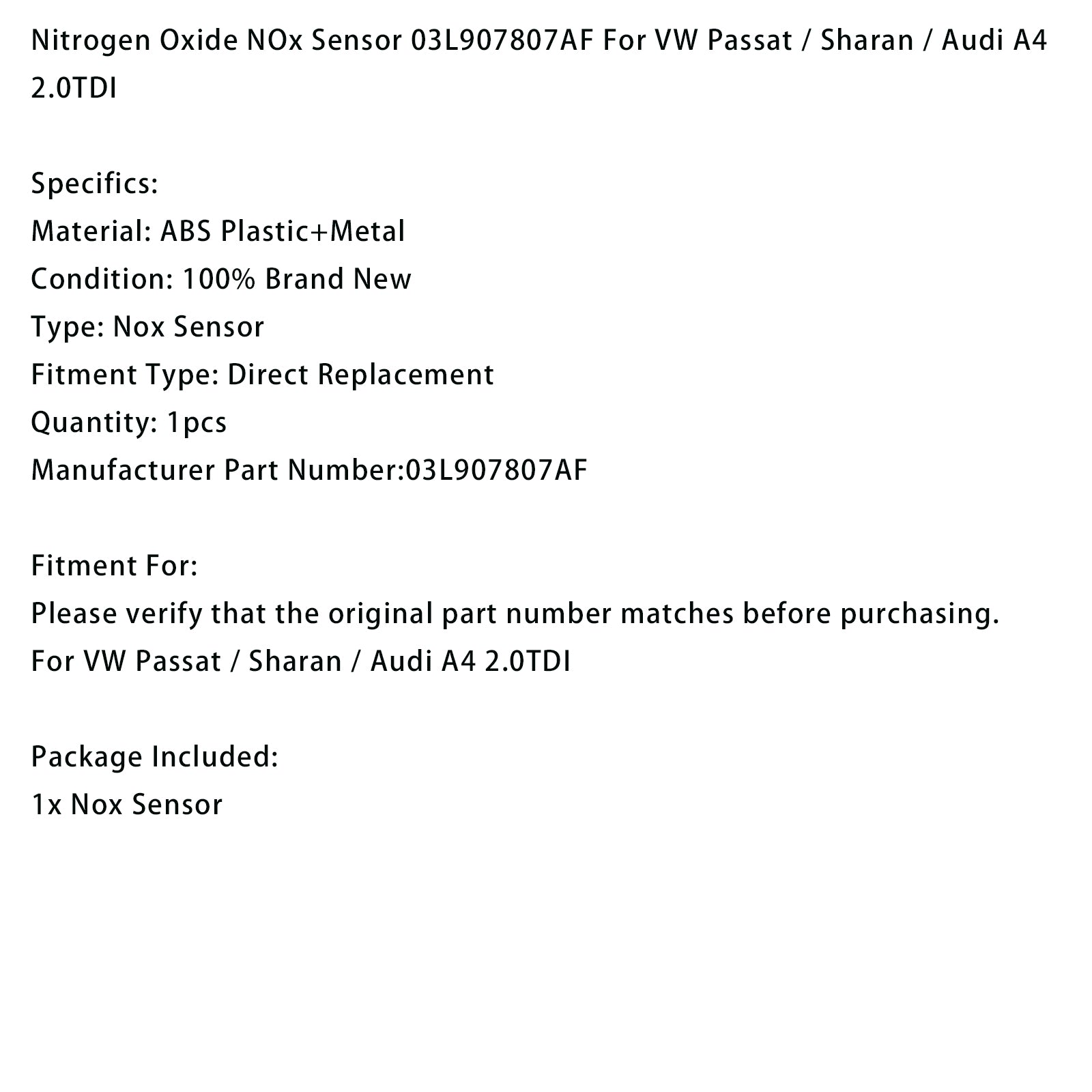 Nitrogen Oxide NOx Sensor 03L907807AF For VW Passat Sharan Audi A4 2.0TDI