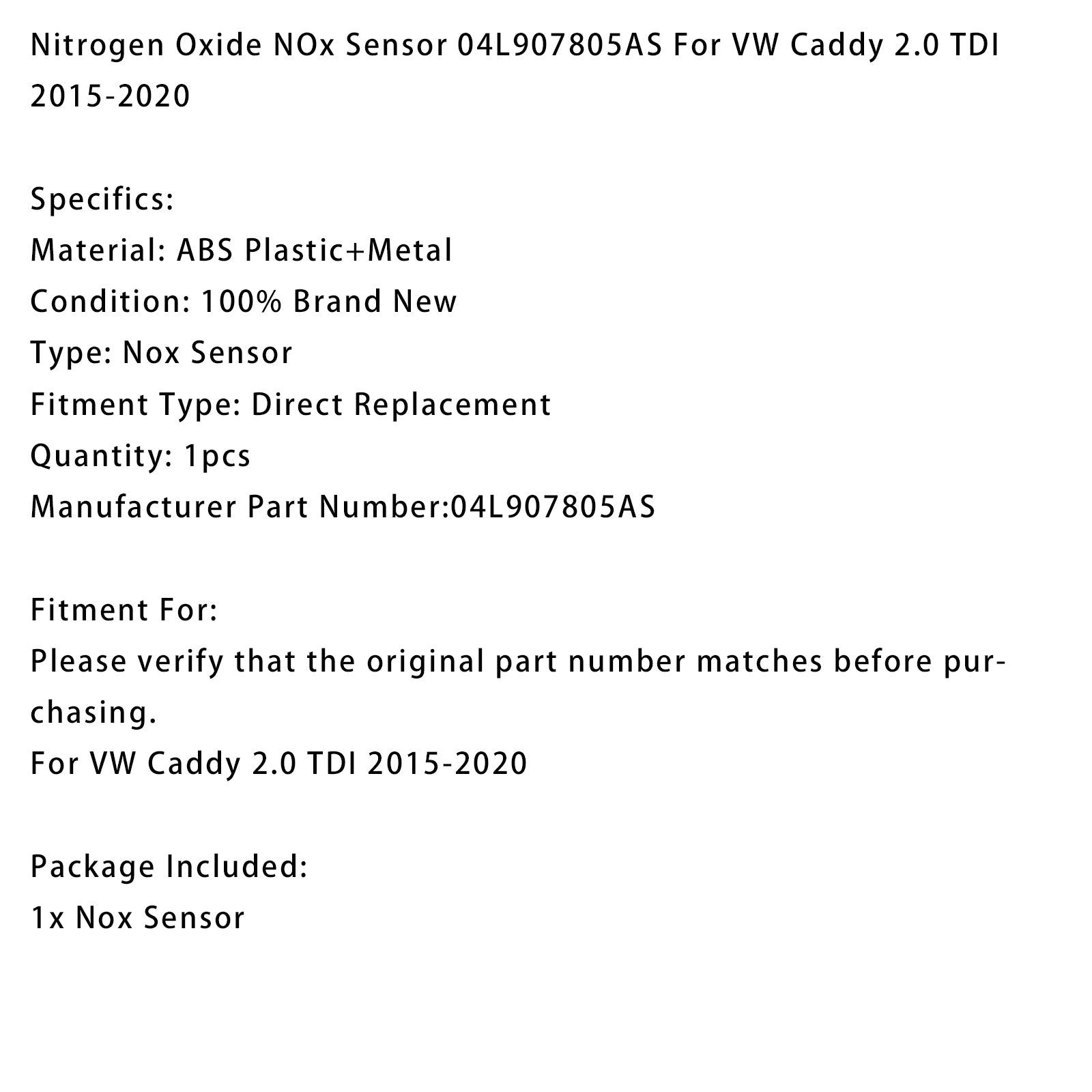 Nitrogen Oxide NOx Sensor 04L907805AS For VW Caddy 2.0 TDI 2015-2020