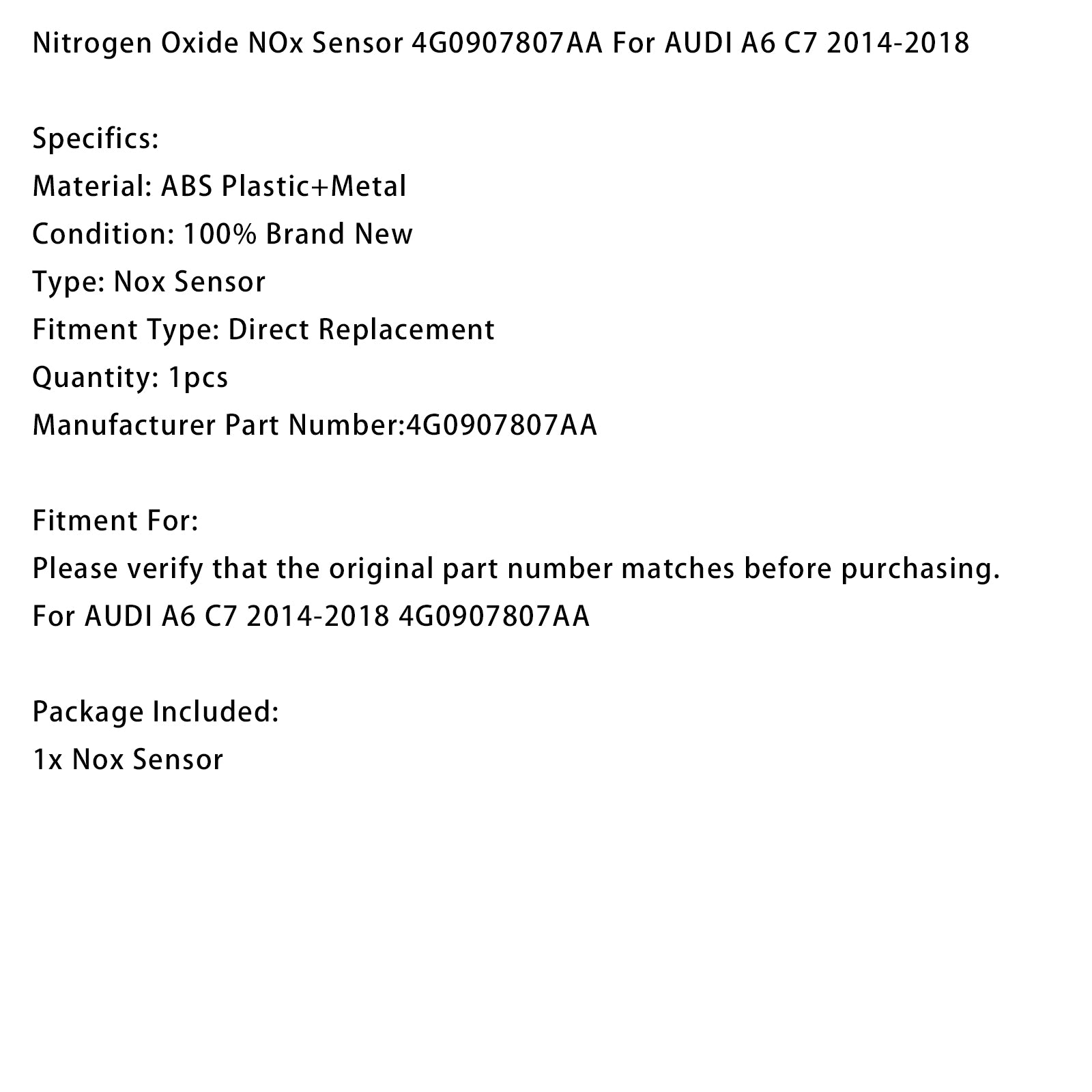 Nitrogen Oxide NOx Sensor 4G0907807AA For AUDI A6 C7 2014-2018