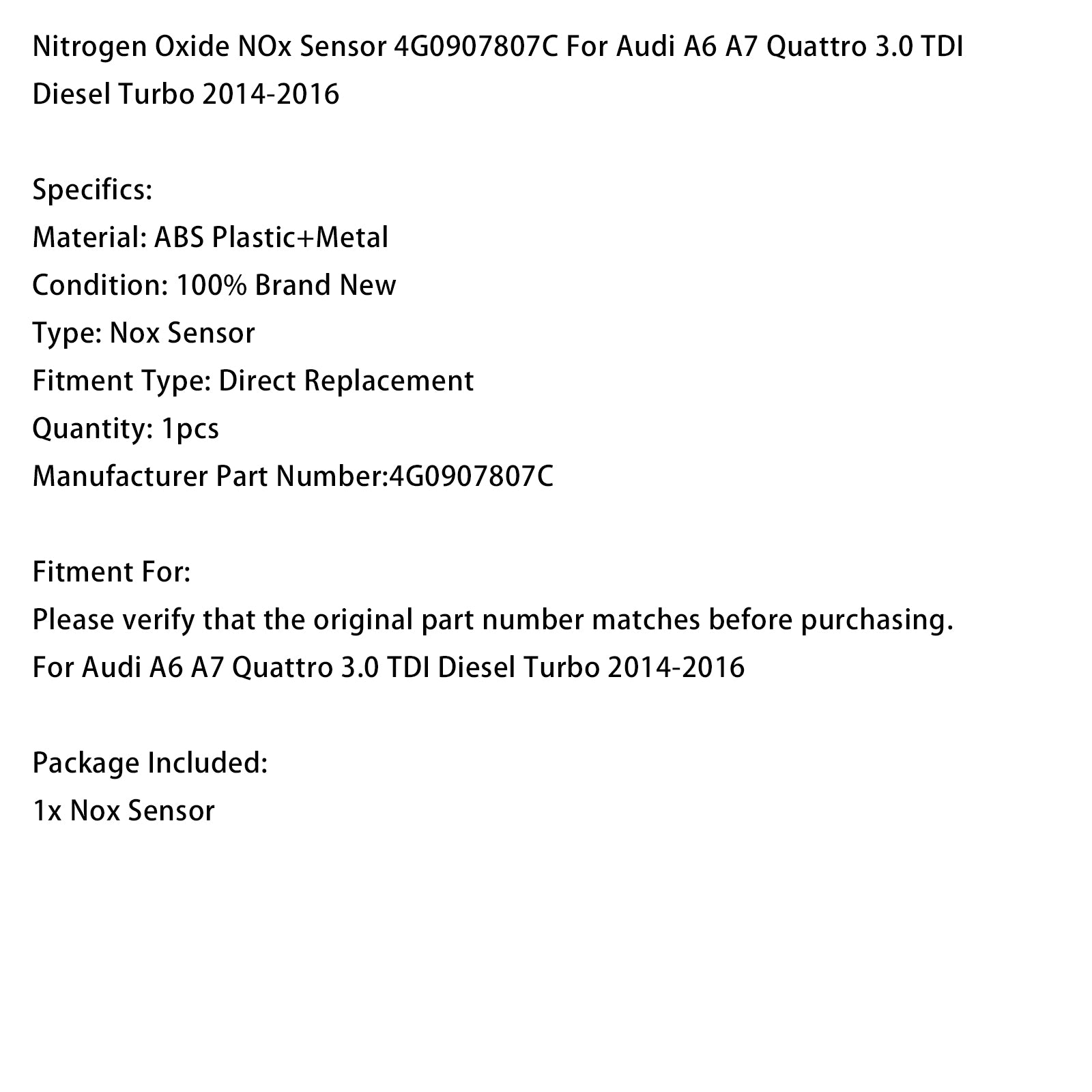NOx Sensor 4G0907807C For Audi A6 A7 Quattro 3.0 TDI Diesel Turbo 2014-2016
